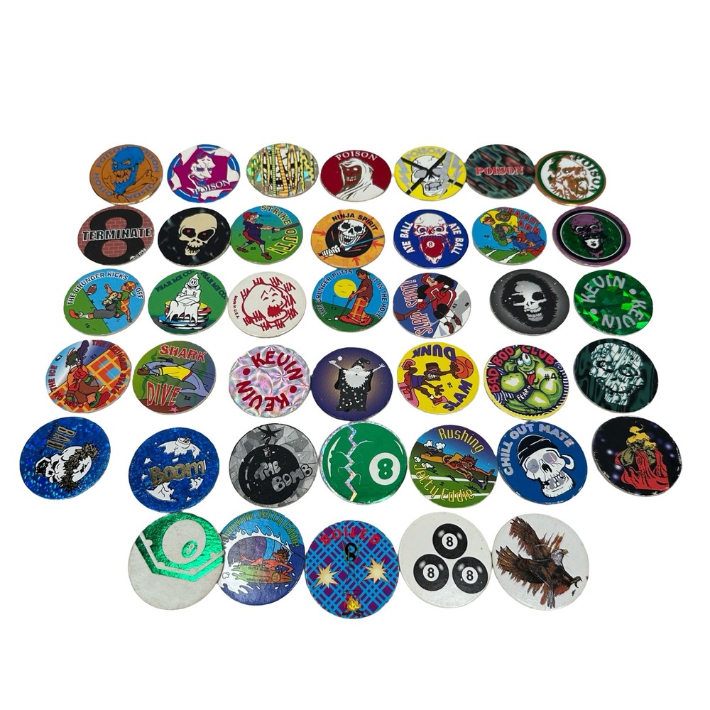 Vintage 90s Pogs Milk Caps Lot 40 pc Poison Skulls 8-Ball Holographic Foil Gray